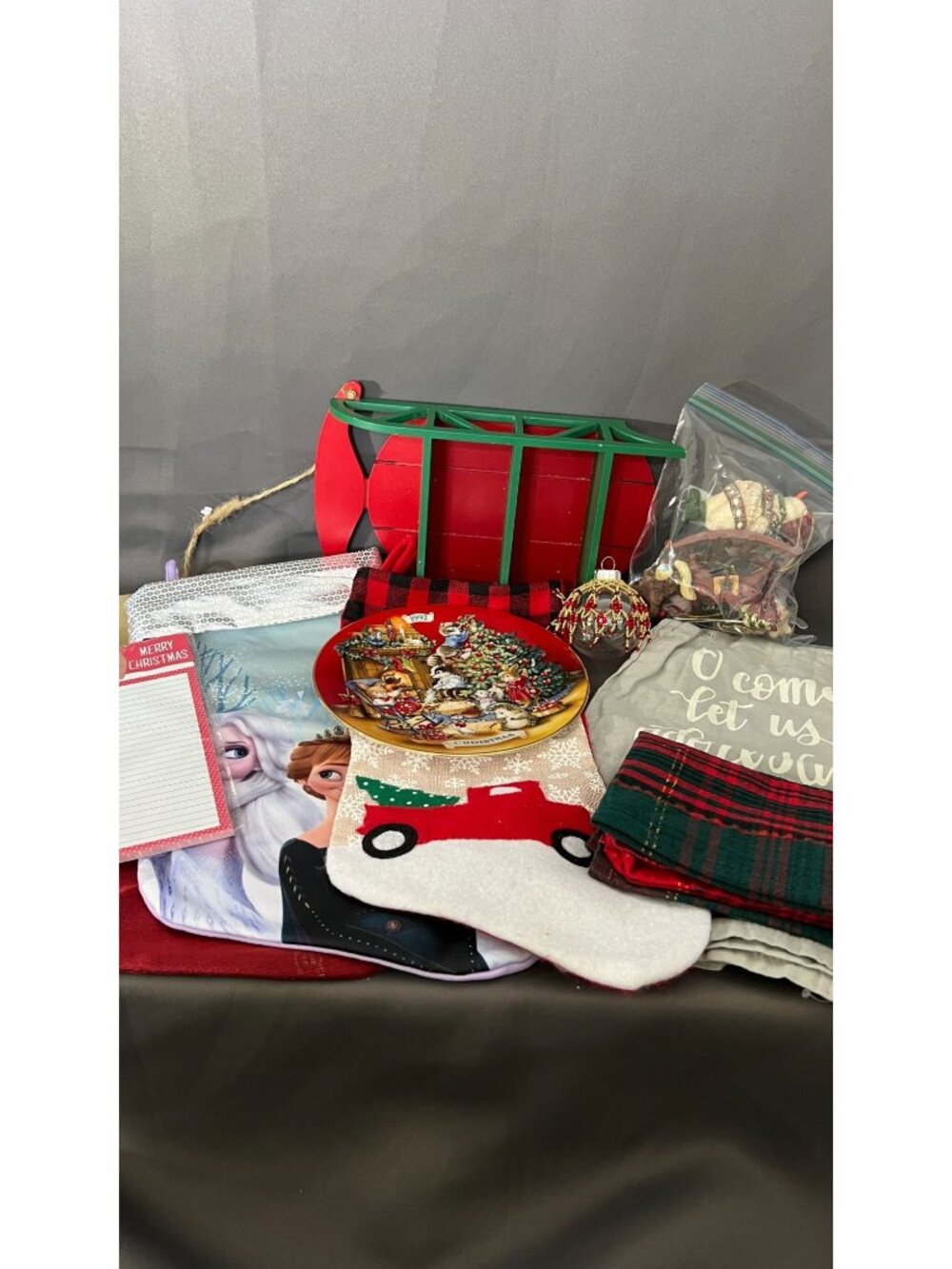 Vintage Christmas Décor Lot With Sled 1992 Plate Textiles